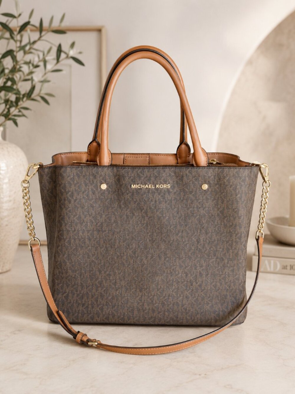 Michael Kors Brown MK Signature Tote Bag Tan Trim Gold Chain Retail Style
